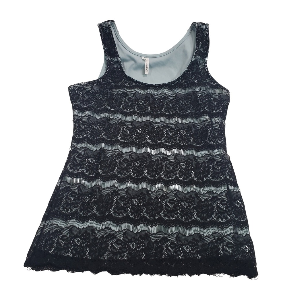 Studio Y Womens Lace Overlay Tank Top Size M Black Blue Scoop Neck Sleeveless